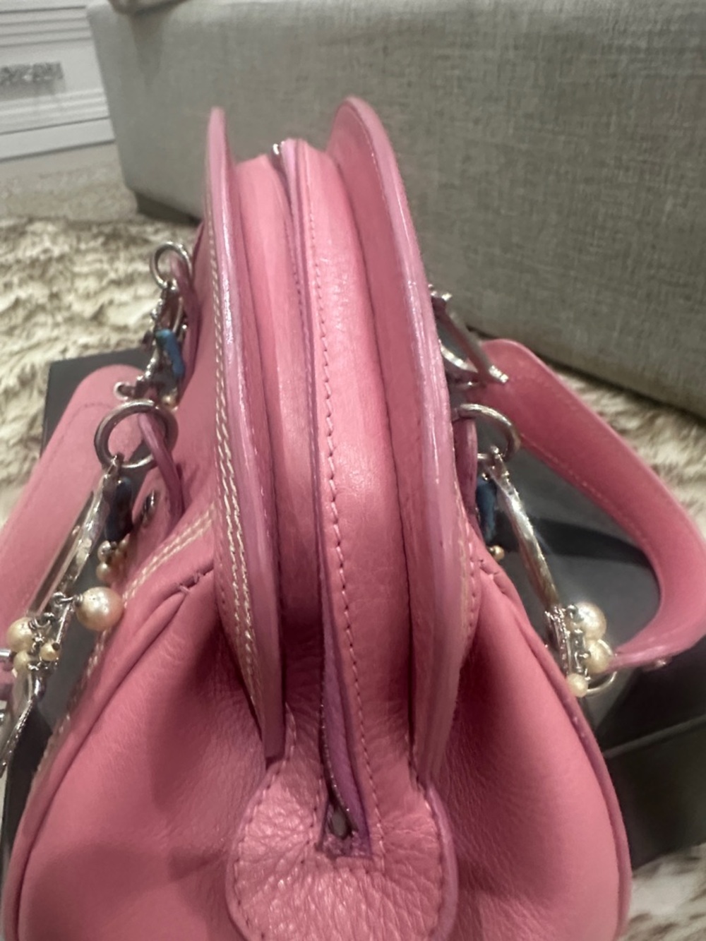 RARE DIOR limited edition CD logo Pink Leather w/ Butterfly diamond Pearl Charms - Picture 8 of 12